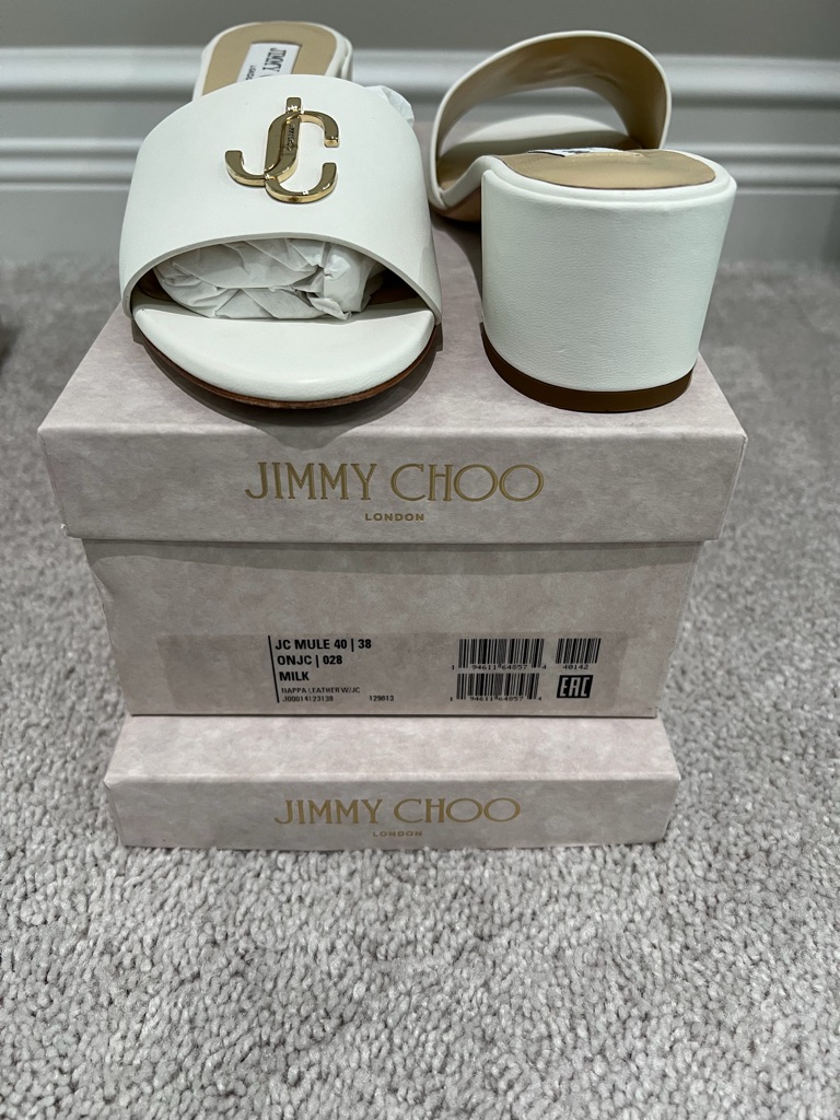 Jimmy Choo Milk White Slide Mules With Gold Jc Emblem